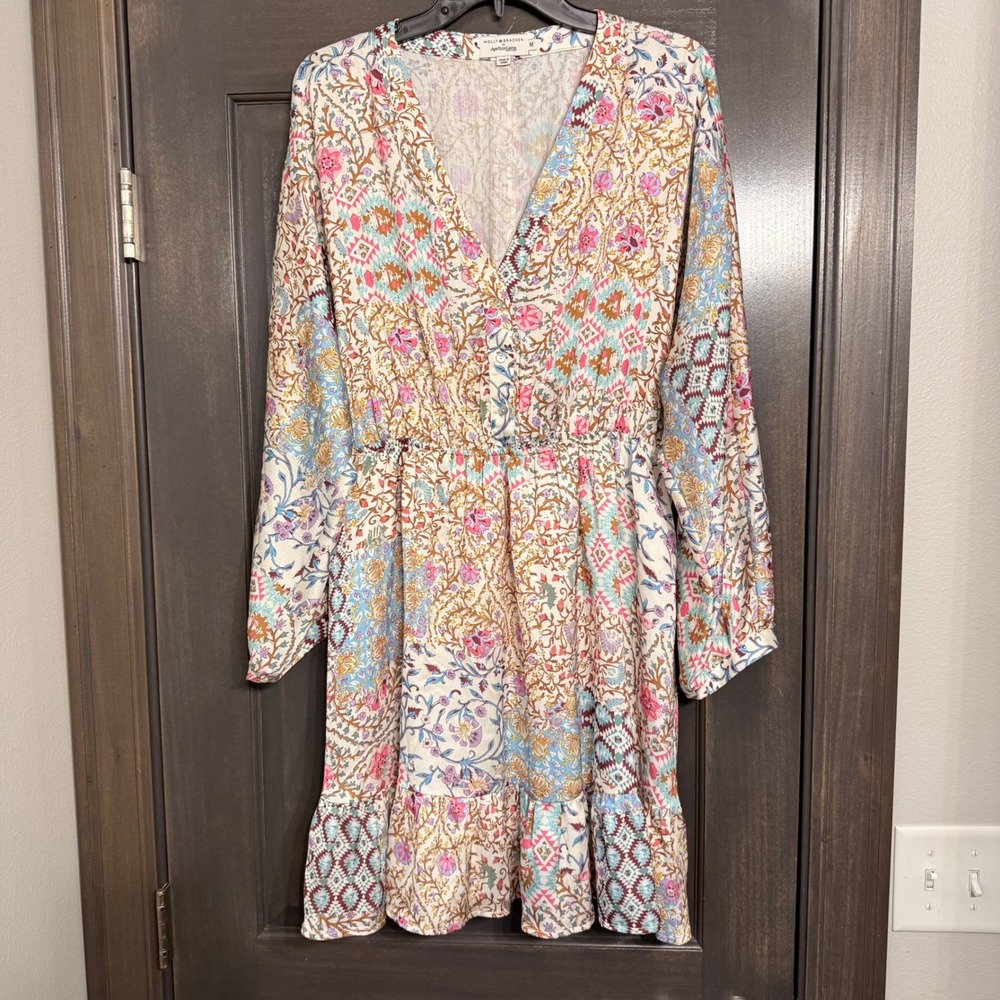 Molly Bracken Apricot Lane Mixed Floral Geometric Patchwork Mini Dress Womens M